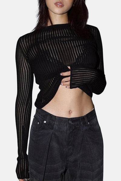 Cleah – See-Through Ribbed Mesh Long Sleeve Top
