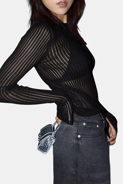 Cleah – See-Through Ribbed Mesh Long Sleeve Top