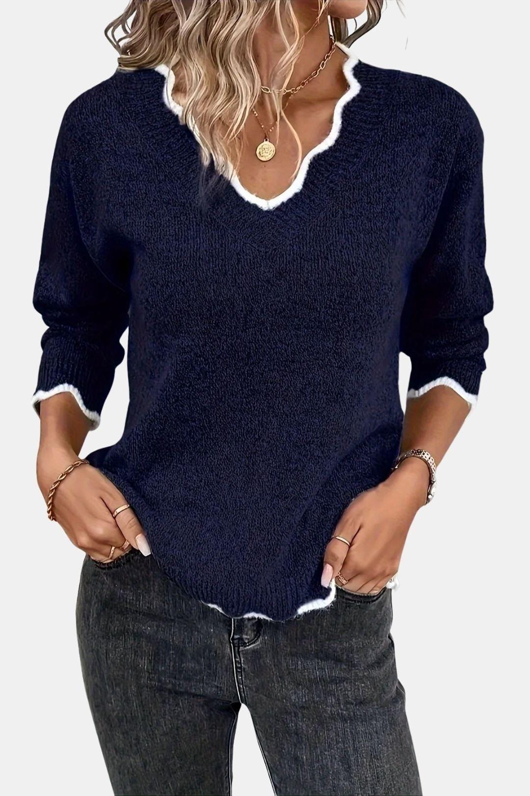 Coleen - Scalloped V-Neck Knit Sweater