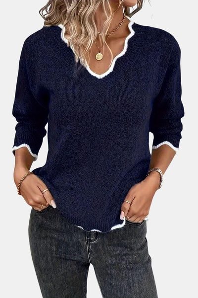 Coleen - Scalloped V-Neck Knit Sweater