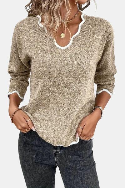 Coleen - Scalloped V-Neck Knit Sweater