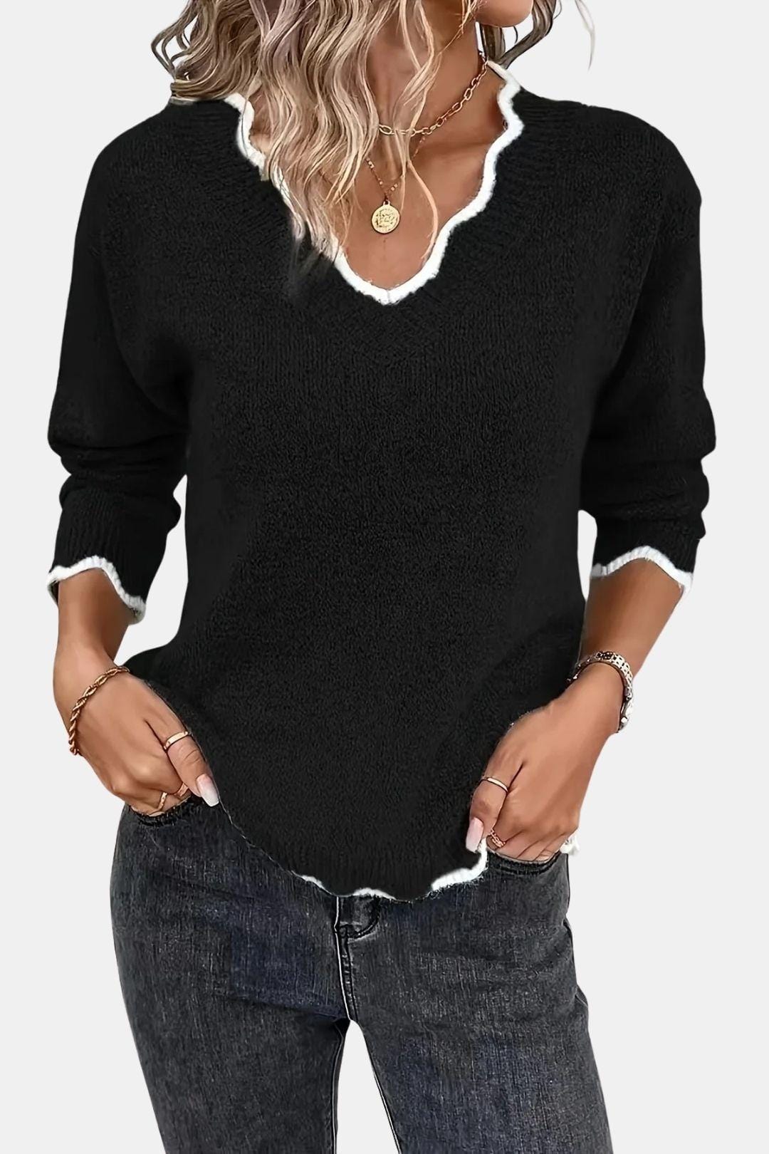 Coleen - Scalloped V-Neck Knit Sweater