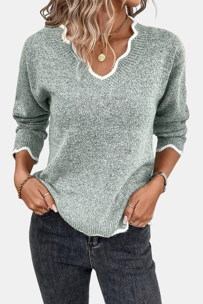 Coleen - Scalloped V-Neck Knit Sweater