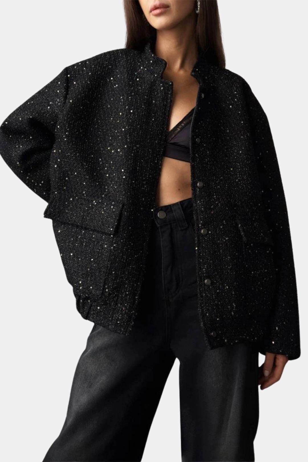 Constance – Gold Sequin Stand Collar Loose Jacket