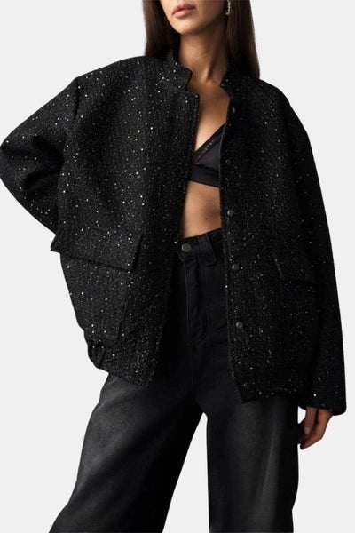 Constance – Gold Sequin Stand Collar Loose Jacket