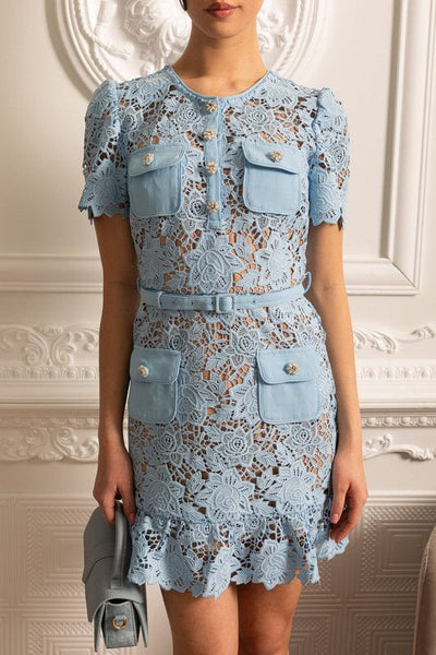 Delfina - Short Sleeve Floral Mini Dress in Blue