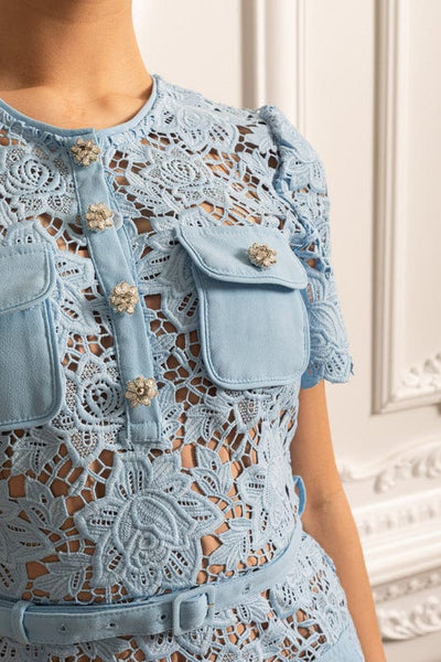 Delfina - Short Sleeve Floral Mini Dress in Blue