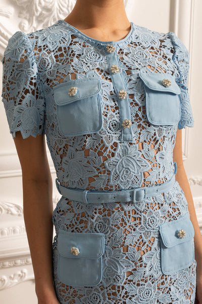 Delfina - Short Sleeve Floral Mini Dress in Blue