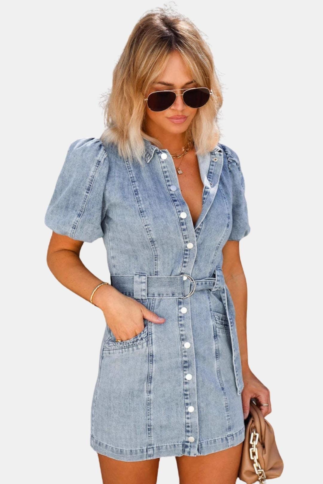 Delina – Denim Mini Dress with Puff Sleeves