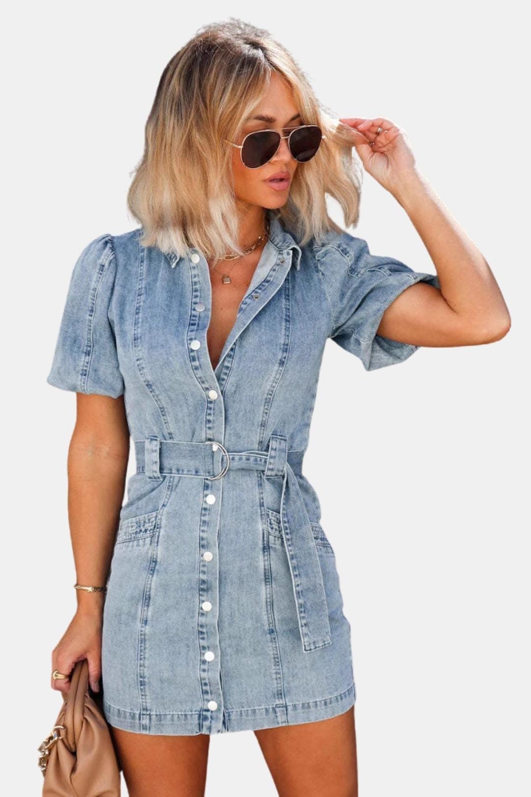 Delina – Denim Mini Dress with Puff Sleeves