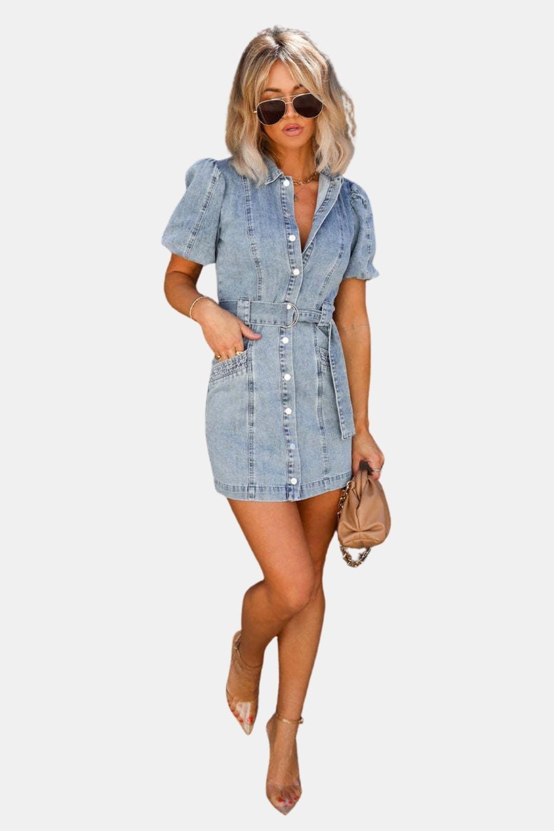 Delina – Denim Mini Dress with Puff Sleeves