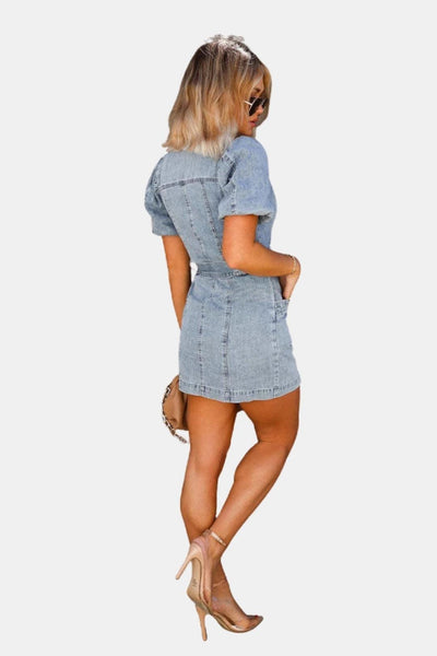 Delina – Denim Mini Dress with Puff Sleeves
