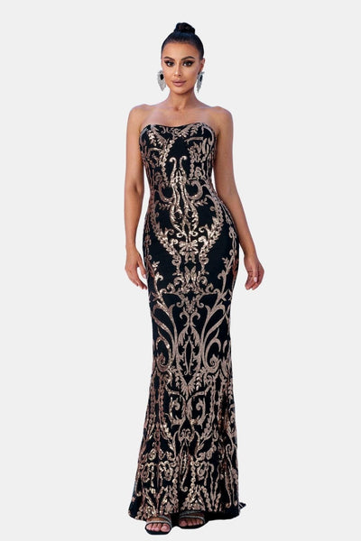 Dianna - Off-Shoulder Damask Sequin Maxi Dress