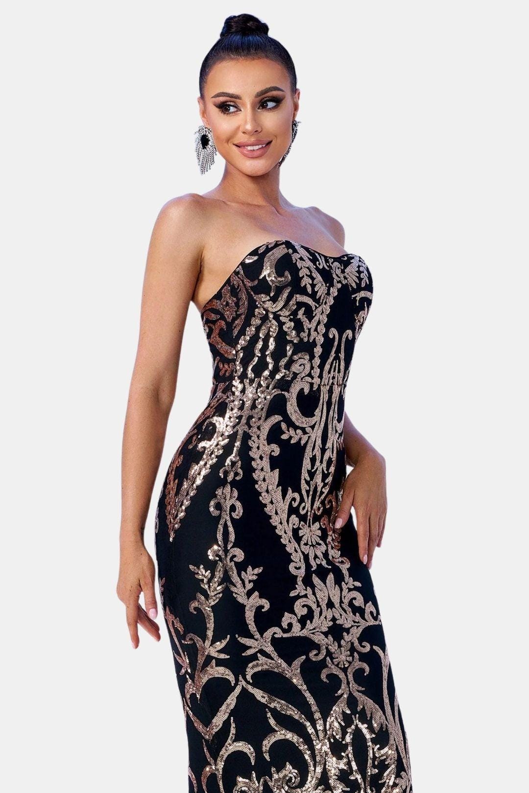 Dianna - Off-Shoulder Damask Sequin Maxi Dress