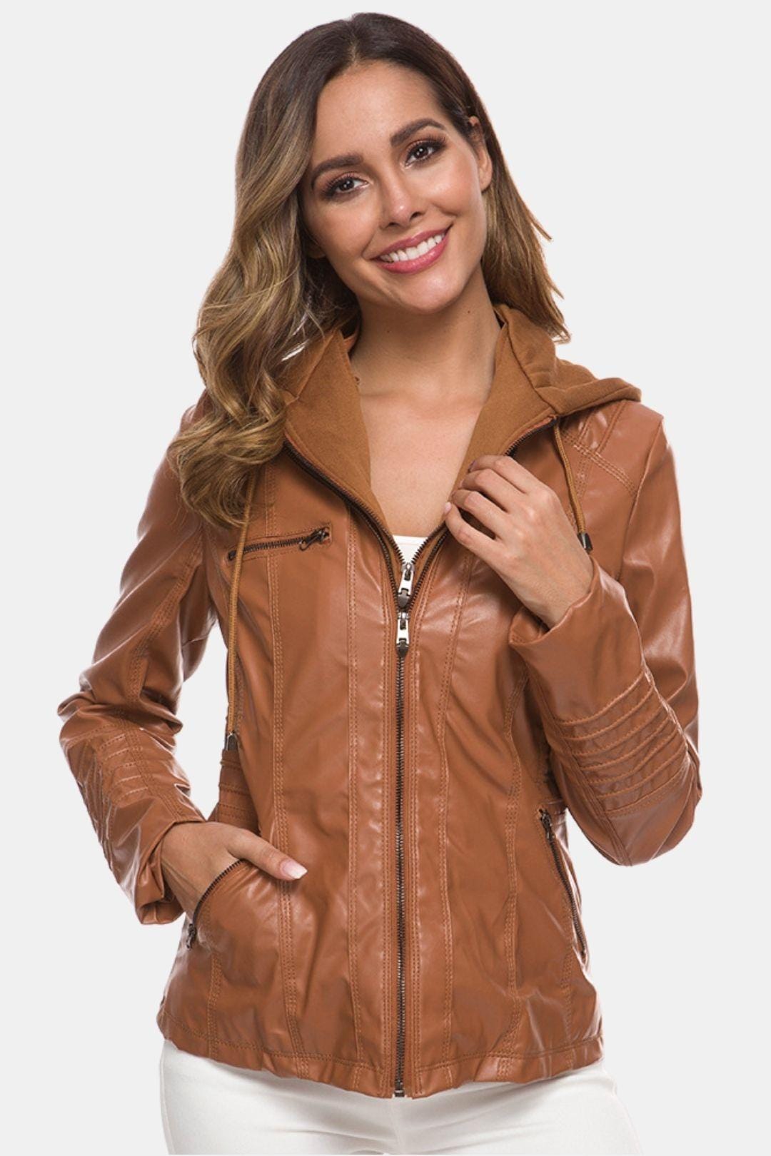 Elira – Weatherproof Leather Jacket with Hood