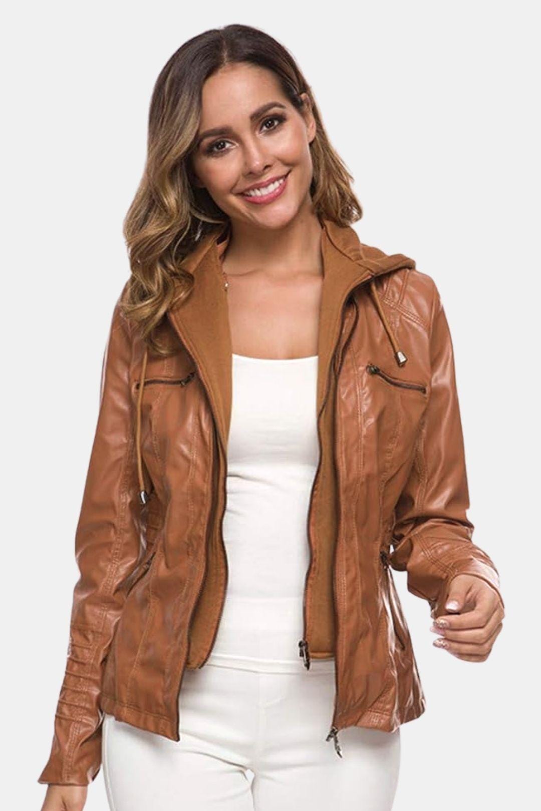 Elira – Weatherproof Leather Jacket with Hood