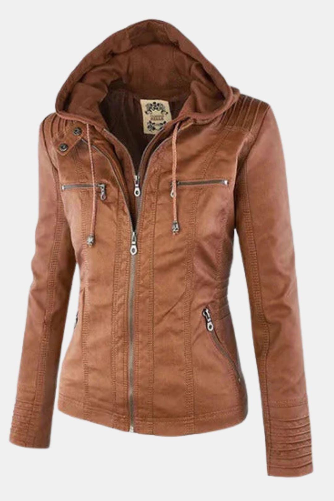 Elira – Weatherproof Leather Jacket with Hood