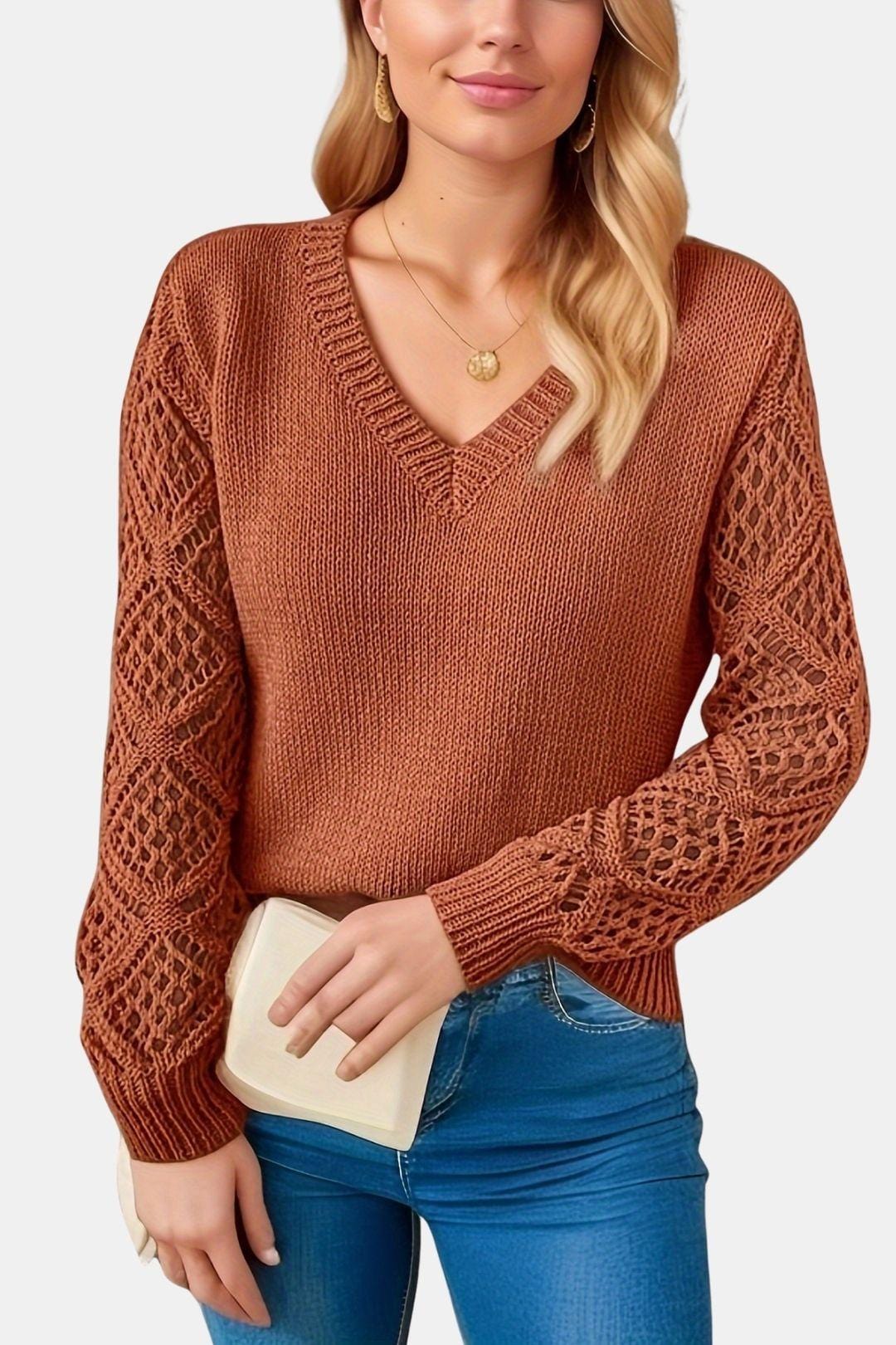 Eliza - V-Neck Sweater with Crochet Sleeve Detail