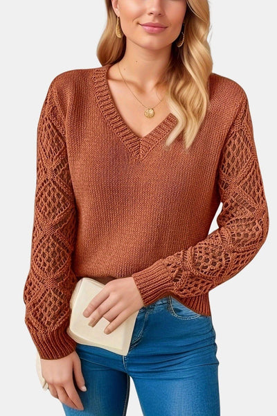 Eliza - V-Neck Sweater with Crochet Sleeve Detail