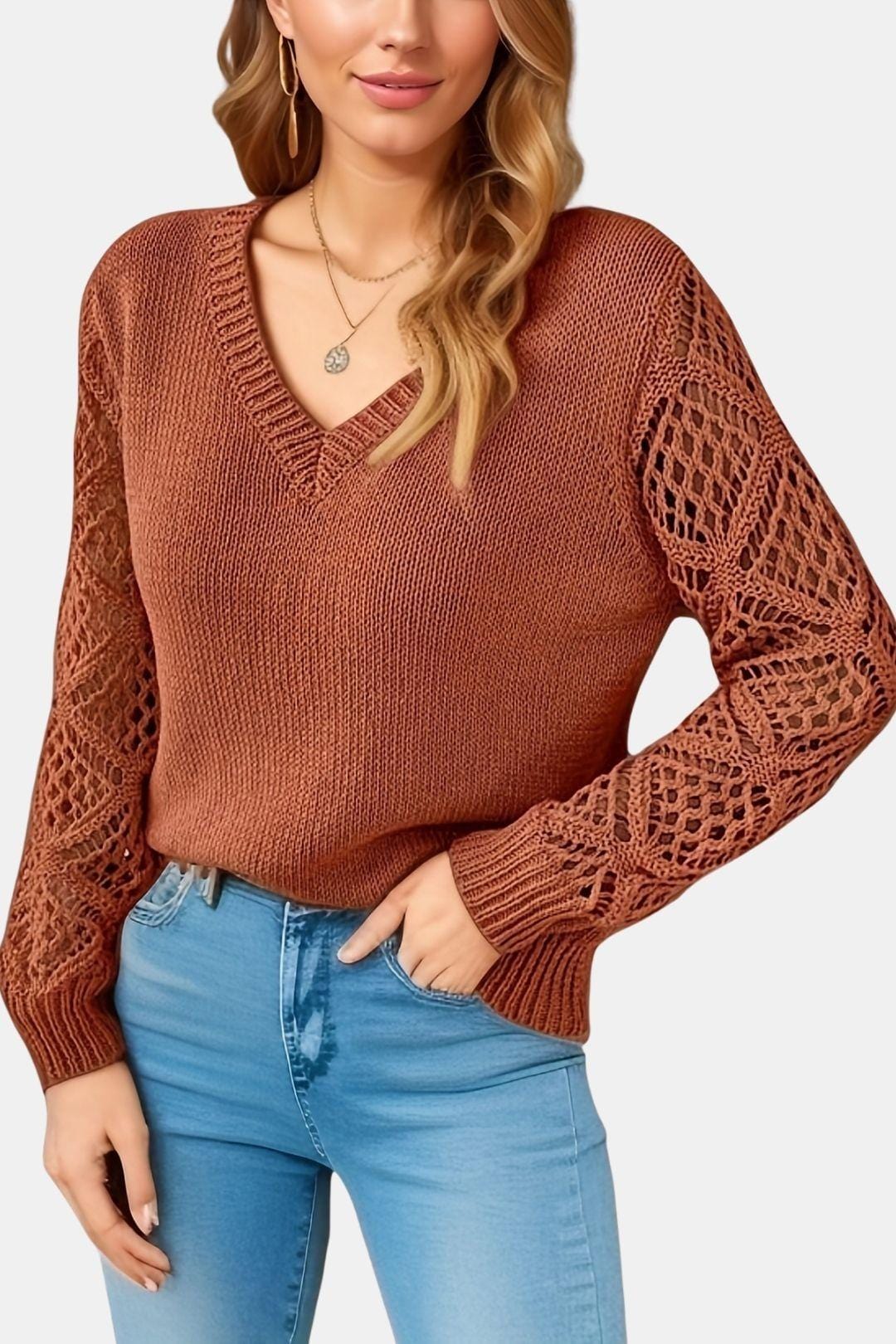 Eliza - V-Neck Sweater with Crochet Sleeve Detail