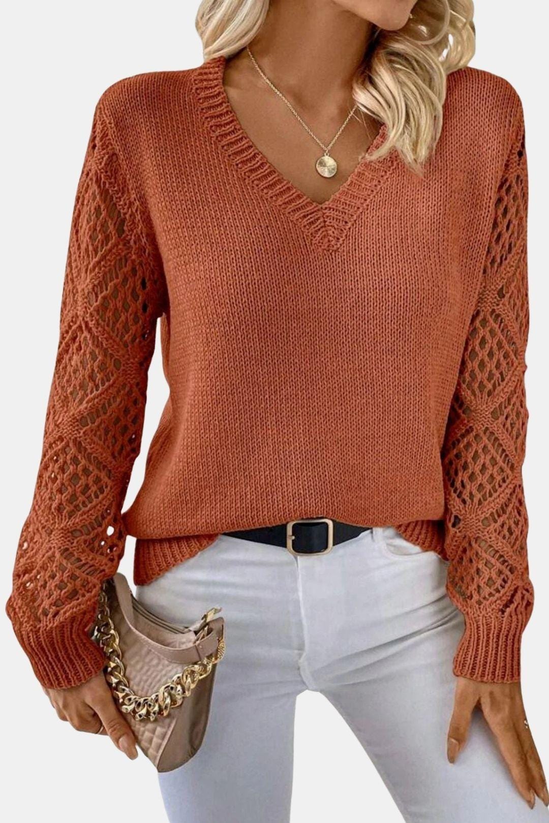 Eliza - V-Neck Sweater with Crochet Sleeve Detail