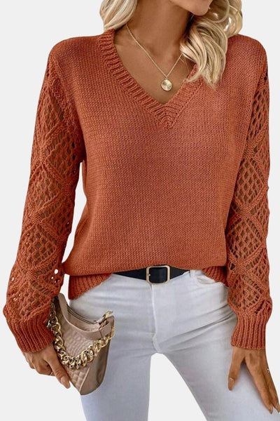Eliza - V-Neck Sweater with Crochet Sleeve Detail