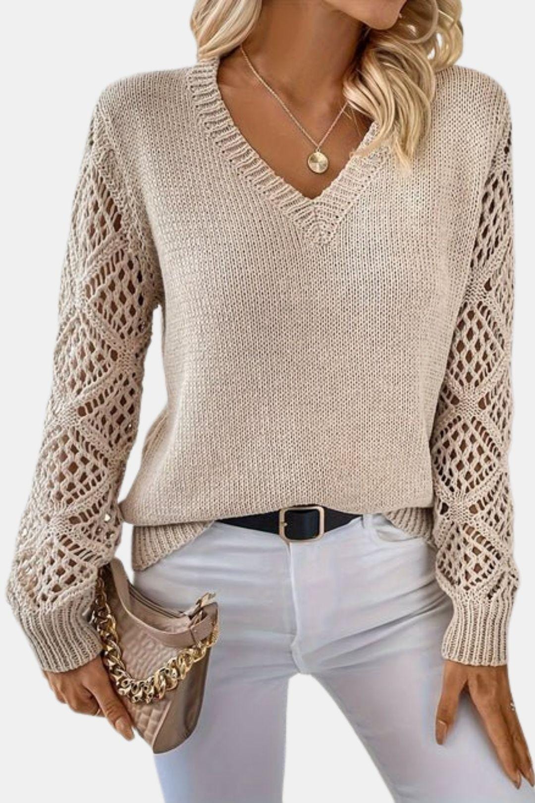Eliza - V-Neck Sweater with Crochet Sleeve Detail