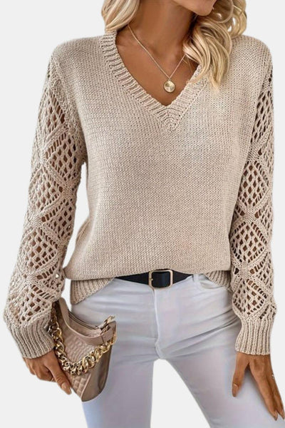 Eliza - V-Neck Sweater with Crochet Sleeve Detail