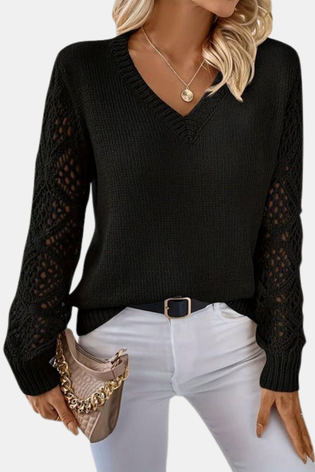 Eliza - V-Neck Sweater with Crochet Sleeve Detail