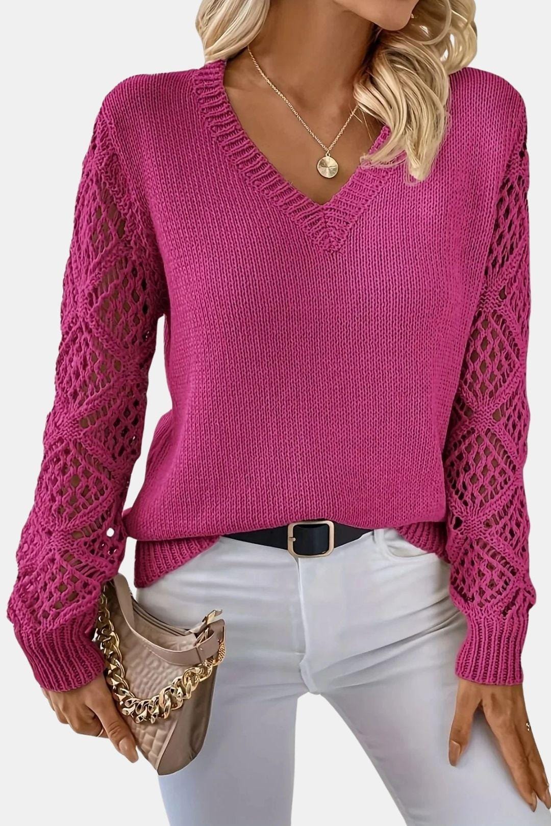 Eliza - V-Neck Sweater with Crochet Sleeve Detail