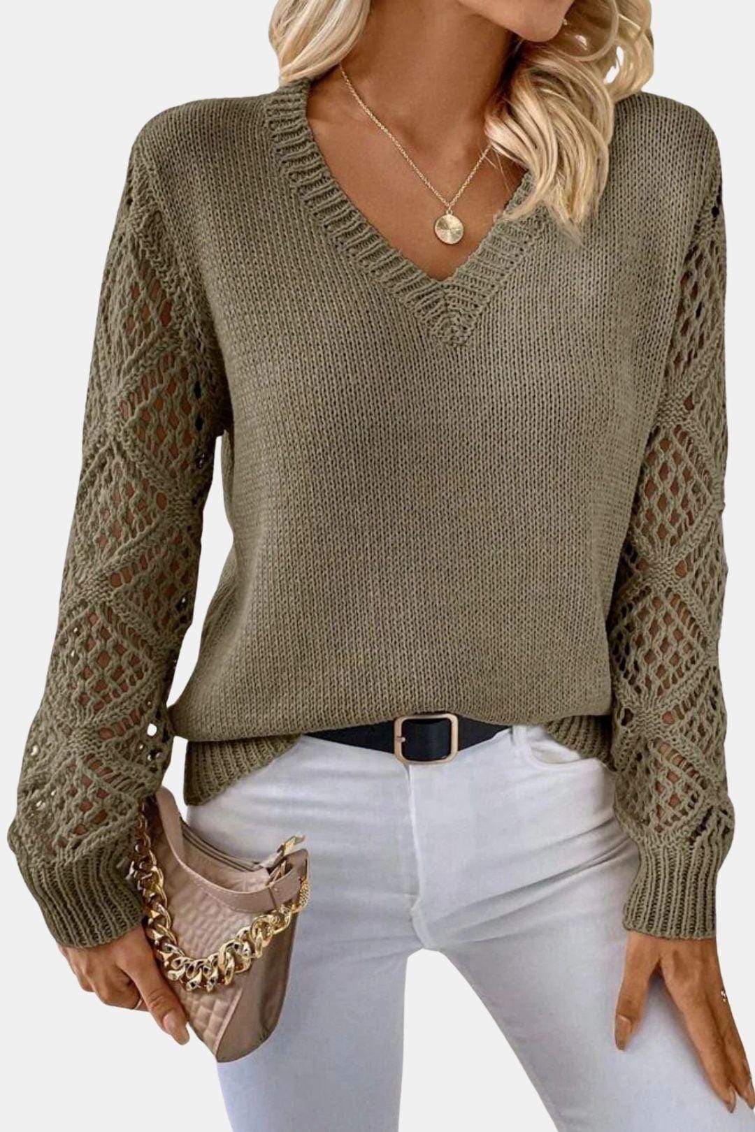 Eliza - V-Neck Sweater with Crochet Sleeve Detail