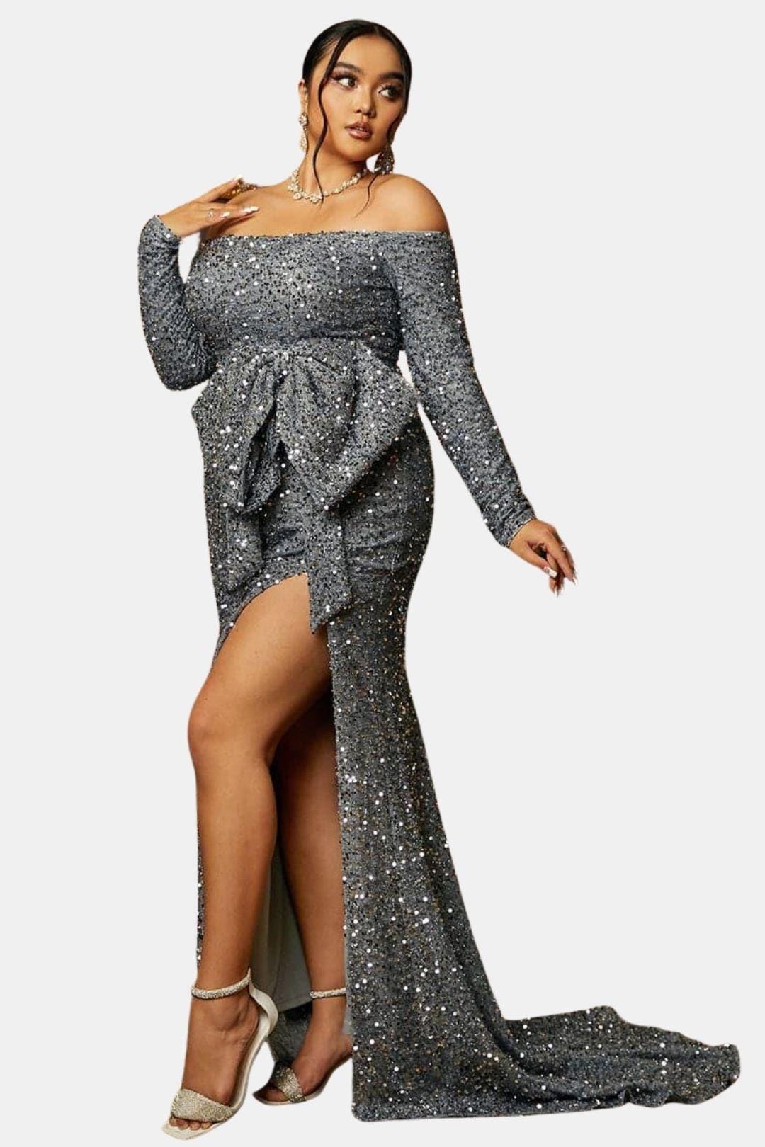 Emma - Plus Size Bow Knot Split Formal Dress
