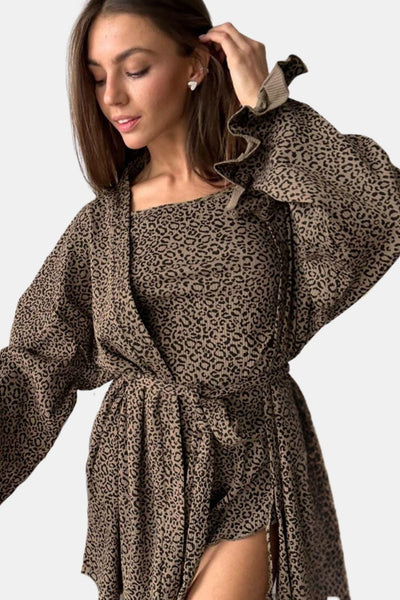 Eva - Leopard Print Ruffle Three-Piece Homewear Set
