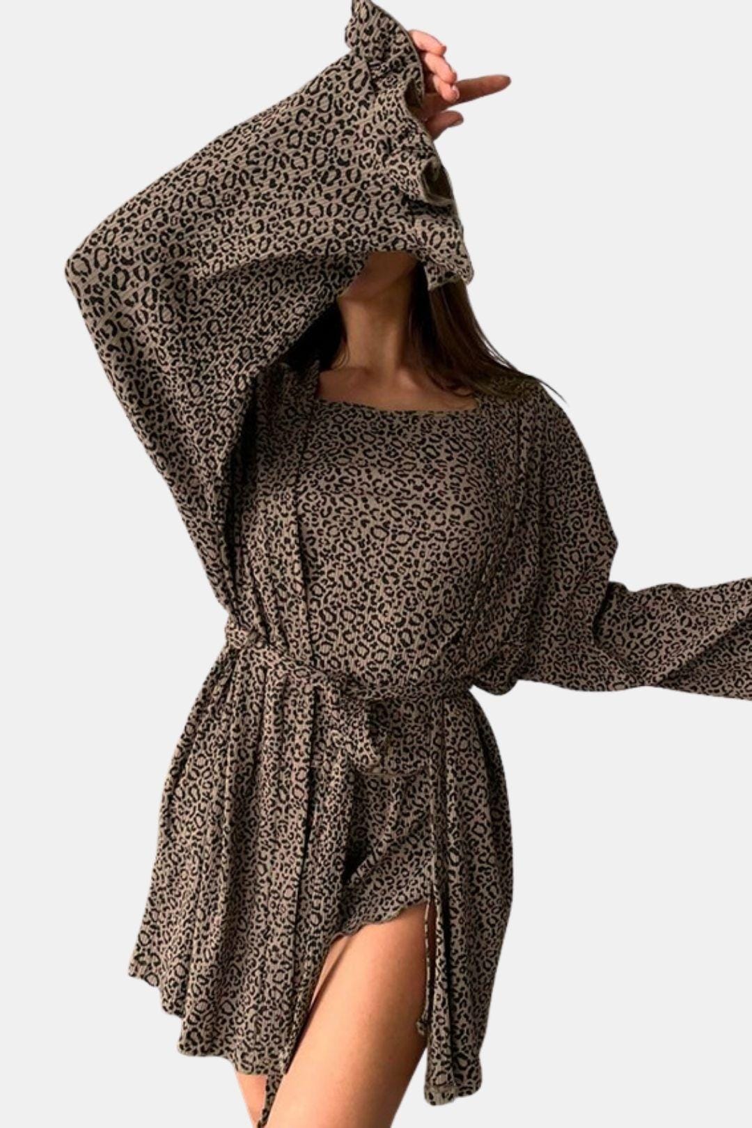 Eva - Leopard Print Ruffle Three-Piece Homewear Set