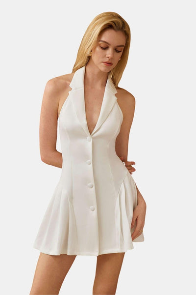 Feah – Halter Neck Button Ruffle Sleeveless Mini Dress