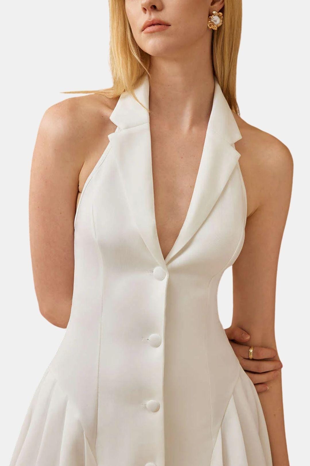 Feah – Halter Neck Button Ruffle Sleeveless Mini Dress