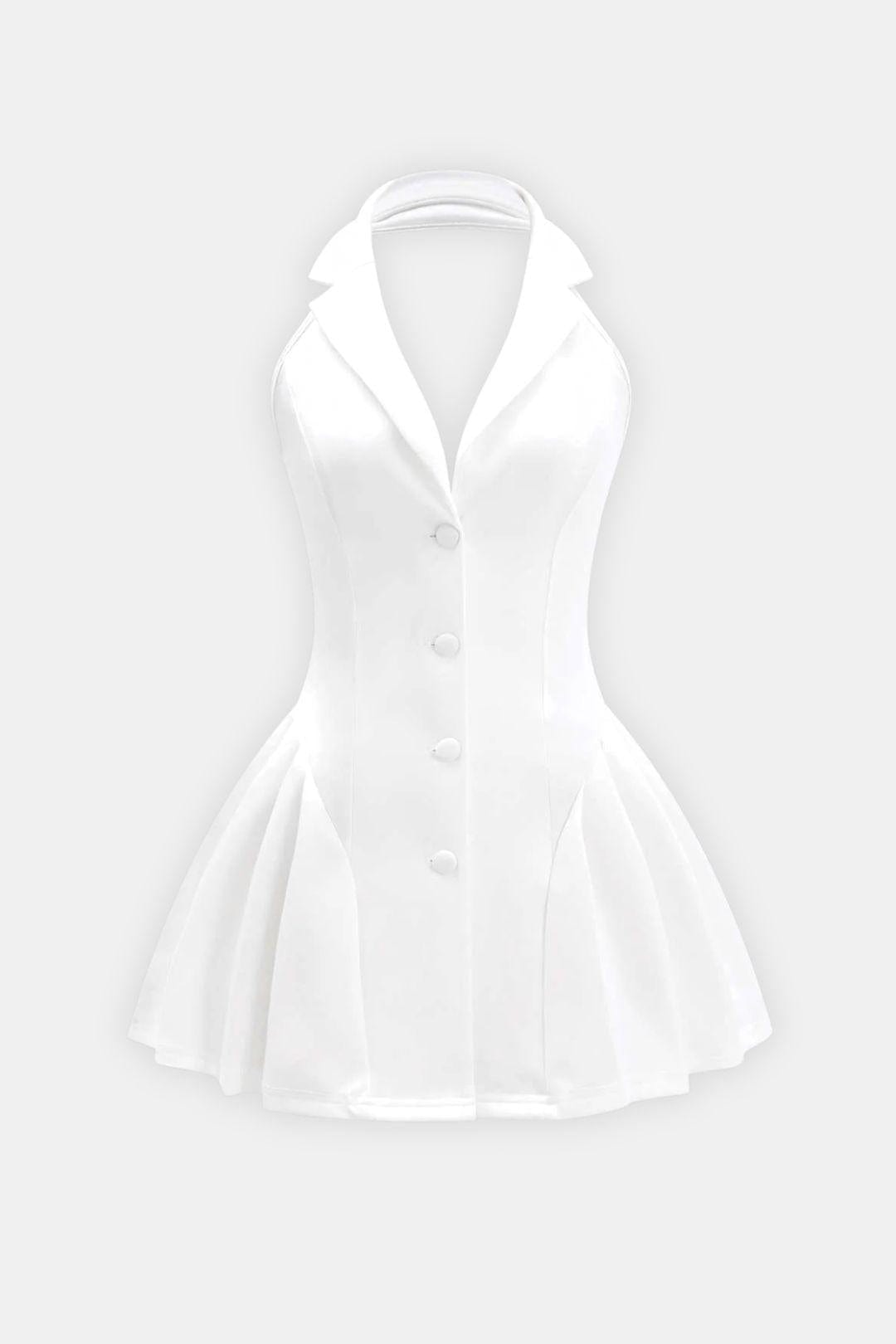 Feah – Halter Neck Button Ruffle Sleeveless Mini Dress