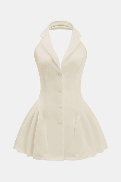 Feah – Halter Neck Button Ruffle Sleeveless Mini Dress
