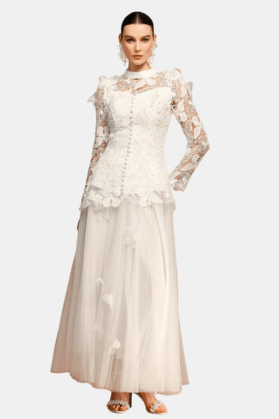 Fioravelle - Butterfly Embroidered Lace Maxi Cocktail Dress