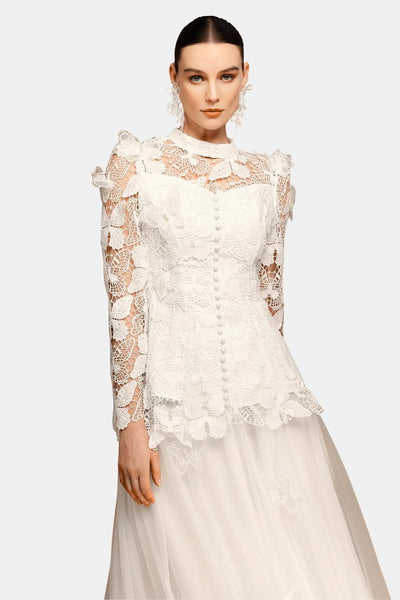 Fioravelle - Butterfly Embroidered Lace Maxi Cocktail Dress