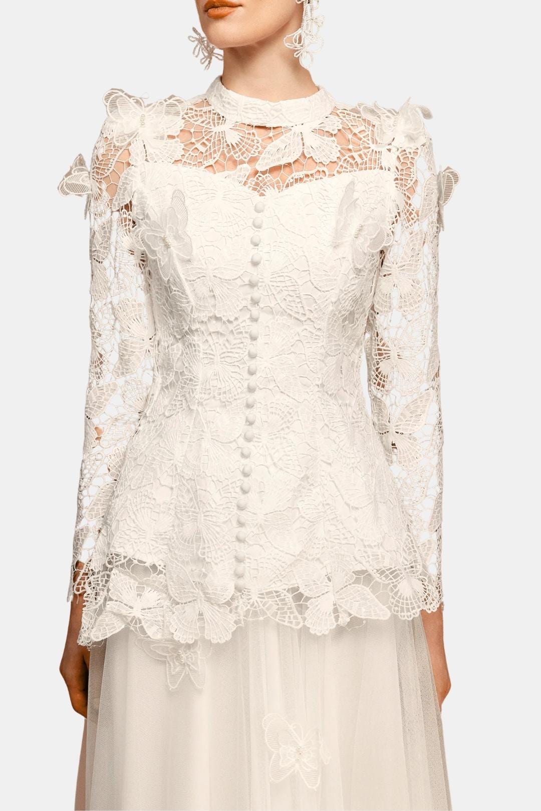 Fioravelle - Butterfly Embroidered Lace Maxi Cocktail Dress