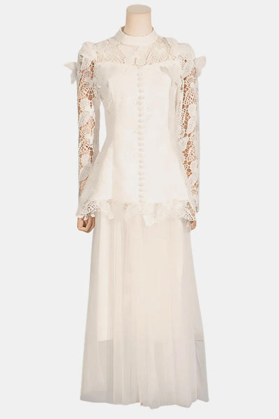 Fioravelle - Butterfly Embroidered Lace Maxi Cocktail Dress