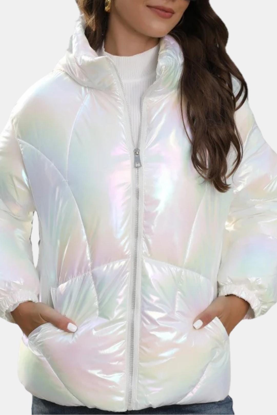 Gemma – Shiny Fabric Puffy Coat with Zipper Front