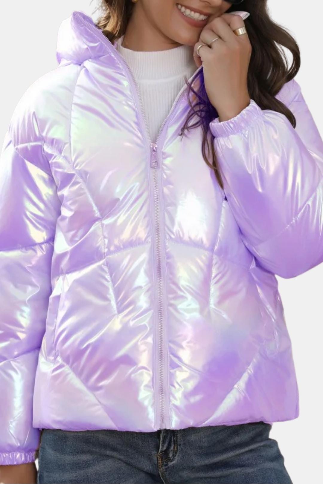 Gemma – Shiny Fabric Puffy Coat with Zipper Front