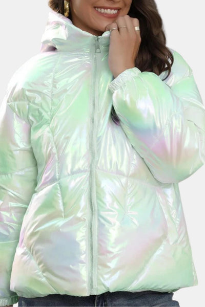 Gemma – Shiny Fabric Puffy Coat with Zipper Front