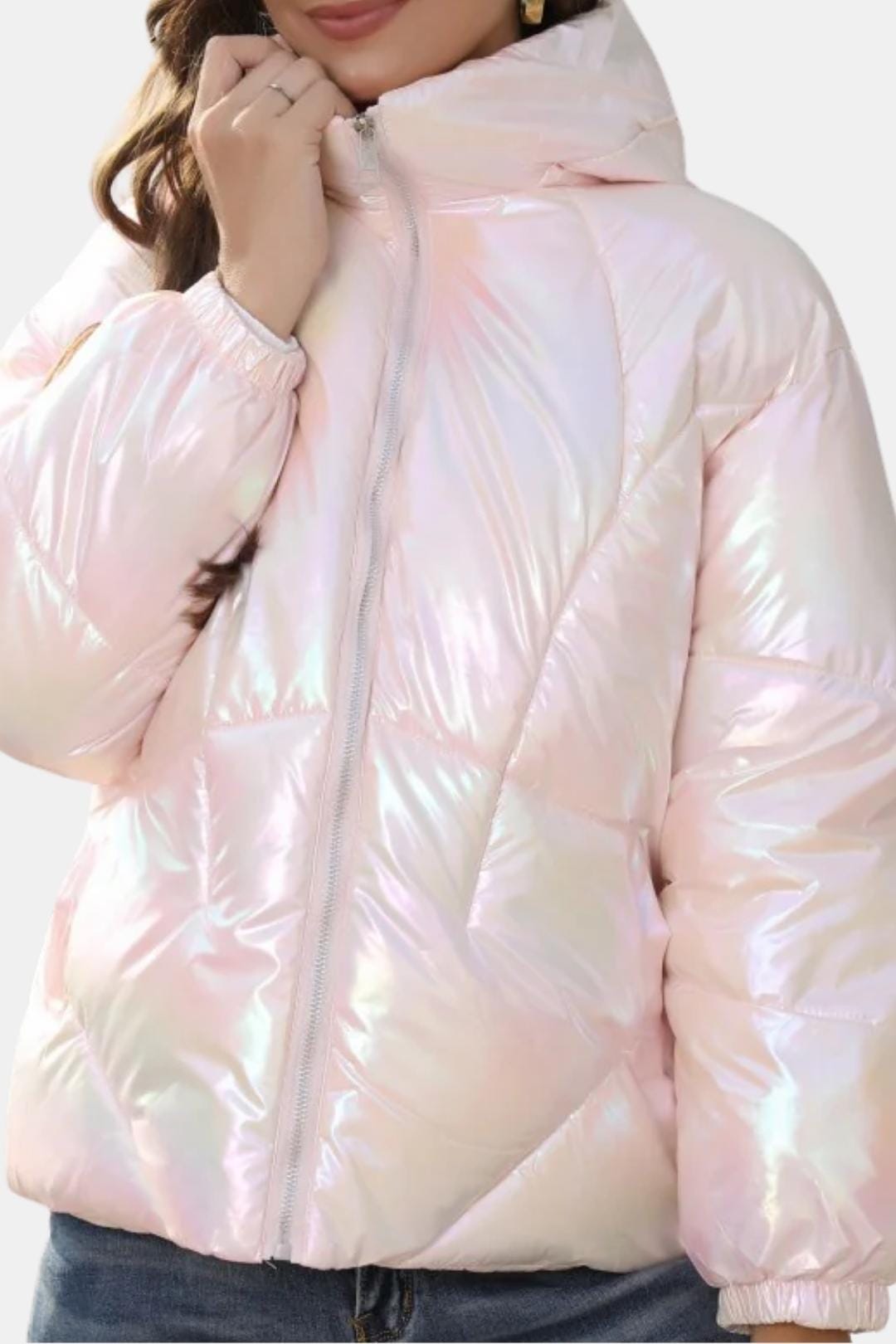 Gemma – Shiny Fabric Puffy Coat with Zipper Front