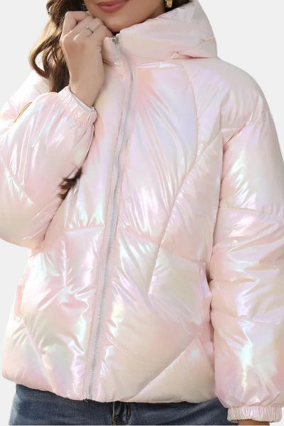 Gemma – Shiny Fabric Puffy Coat with Zipper Front