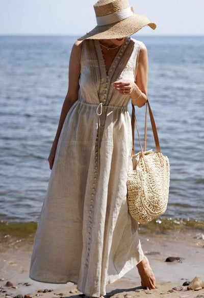 Giuliana – Sleeveless V-Neck Maxi Dress in Beige