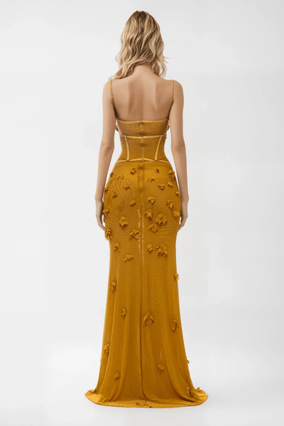 Gloofree – Sleeveless Corset Maxi Dress in Mustard Yellow