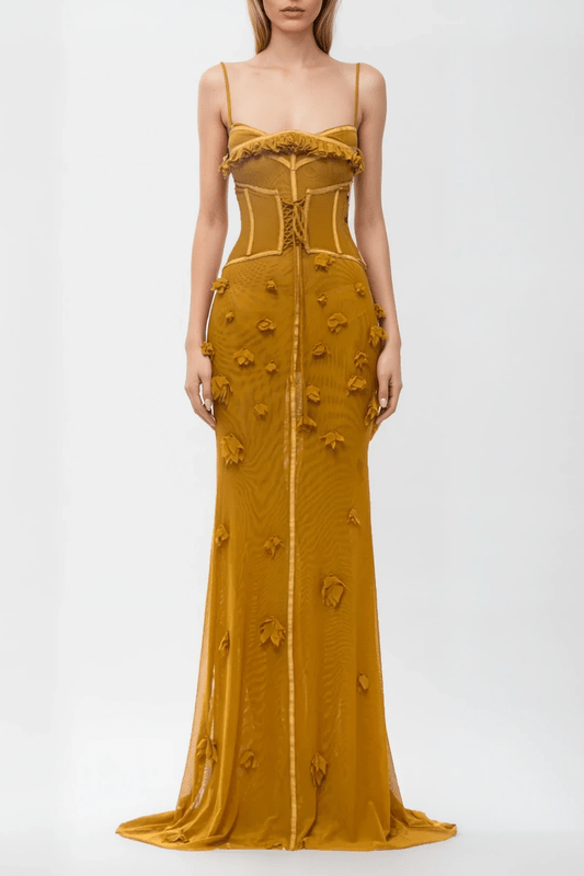 Gloofree – Sleeveless Corset Maxi Dress in Mustard Yellow